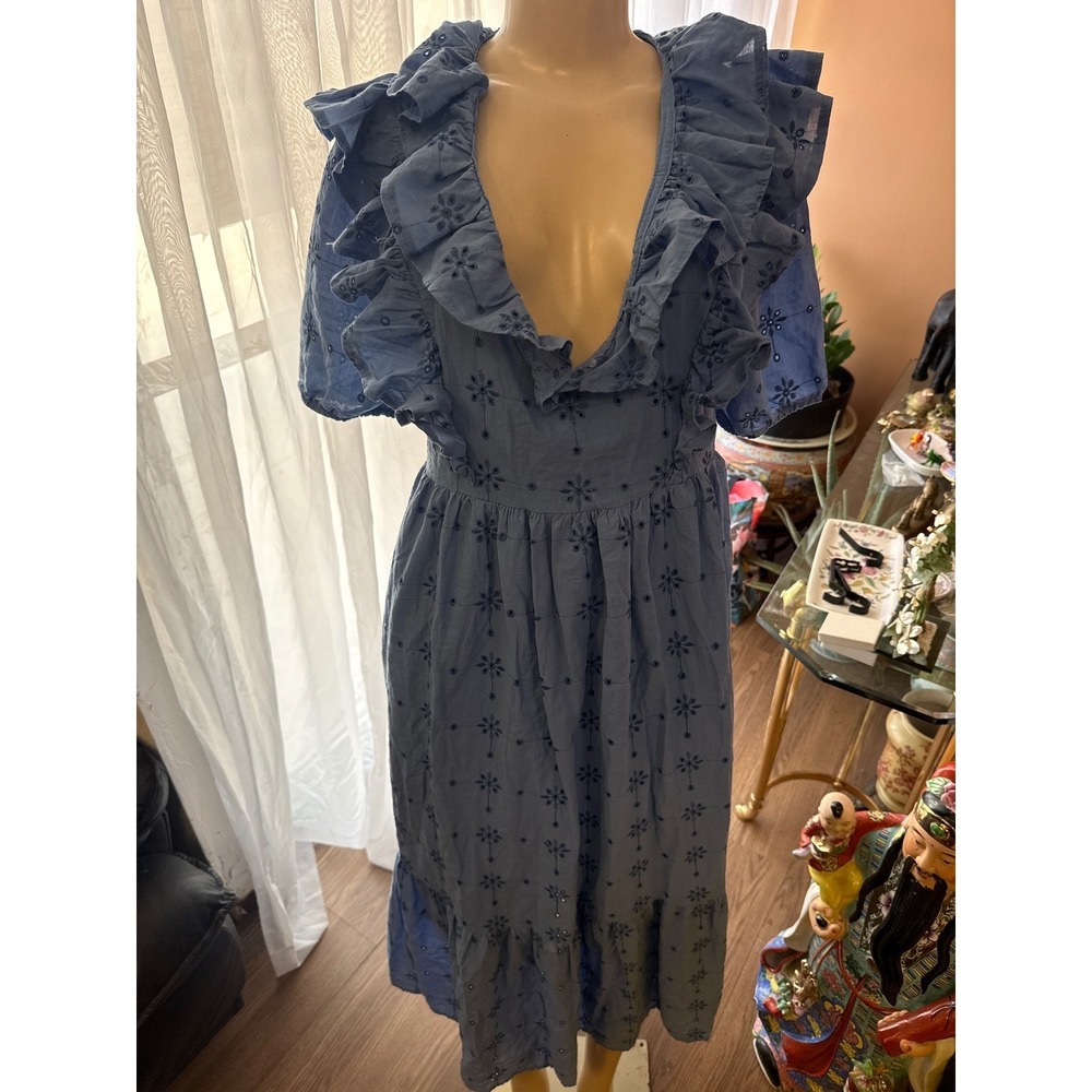 BSL Blue Eyelet Embroidered Ruffle Midi Dress Cottagecore V-Neck Short‎ Sleeve M